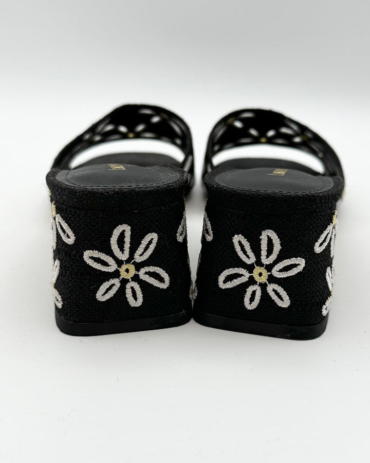 Black Raffia and Floral Print Heel Sandal - Size 6.5