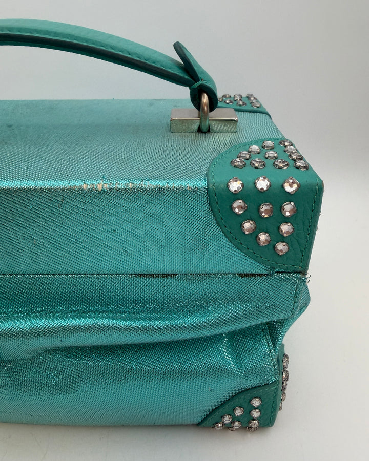 Metallic Teal Rhinestone Trim Rectangle Bag