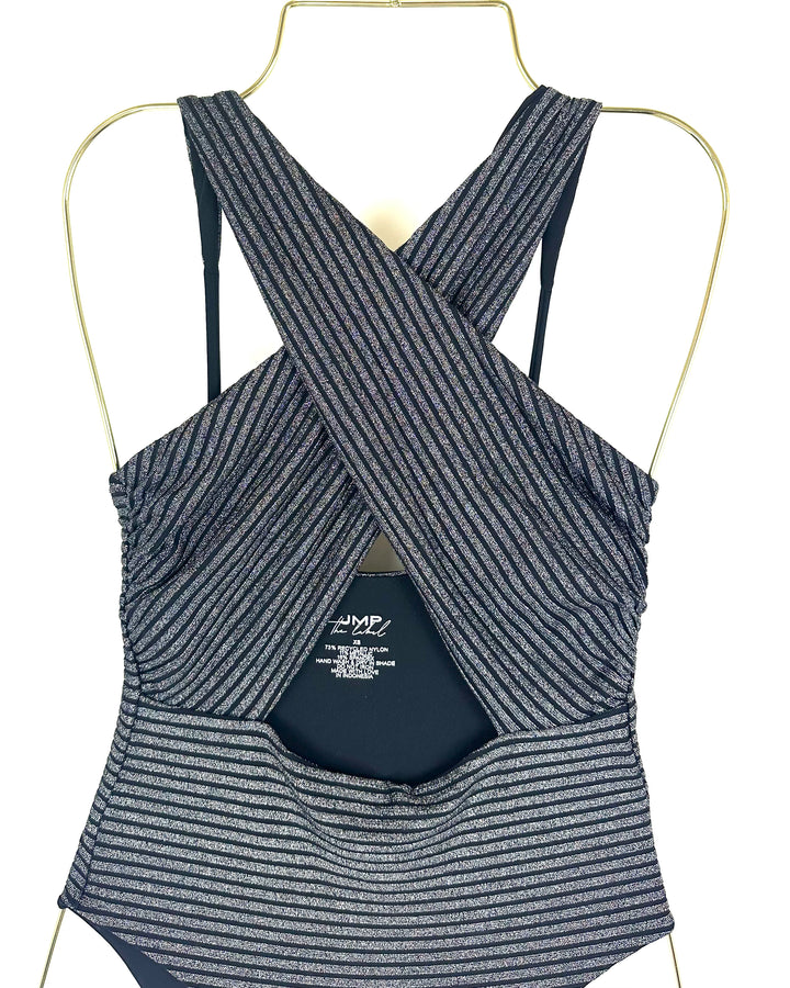 Metallic Black Halter One Piece Swimsuit -  XS
