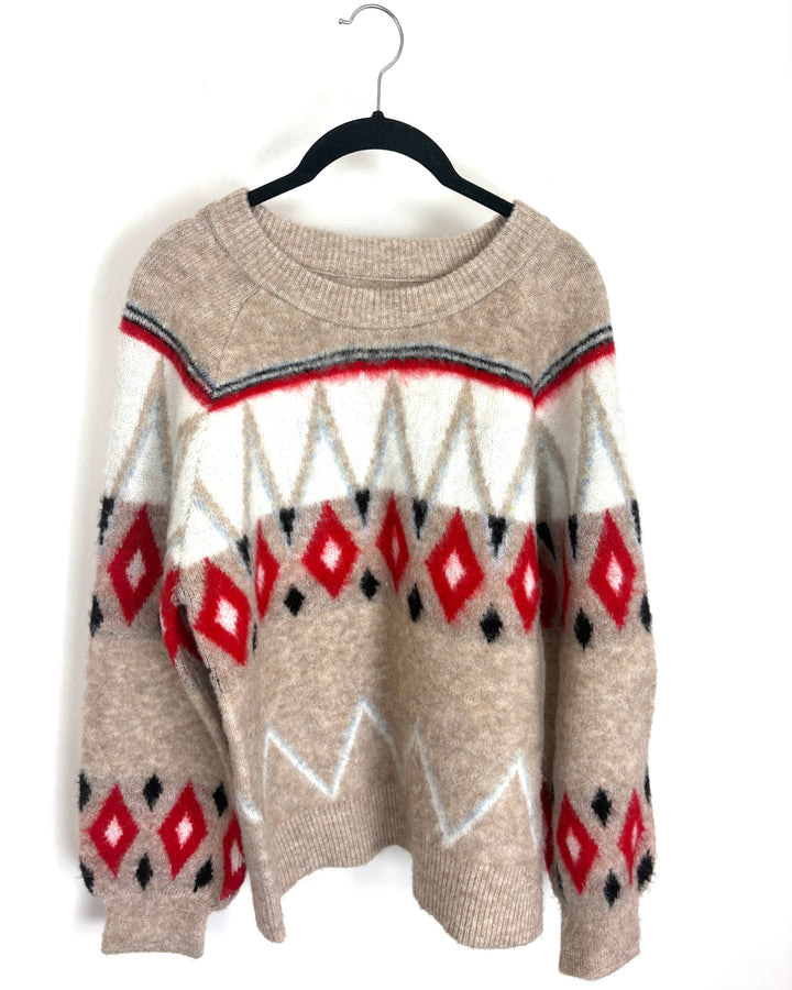 Beige Red Diamond Pattern Sweater - Size 6/8