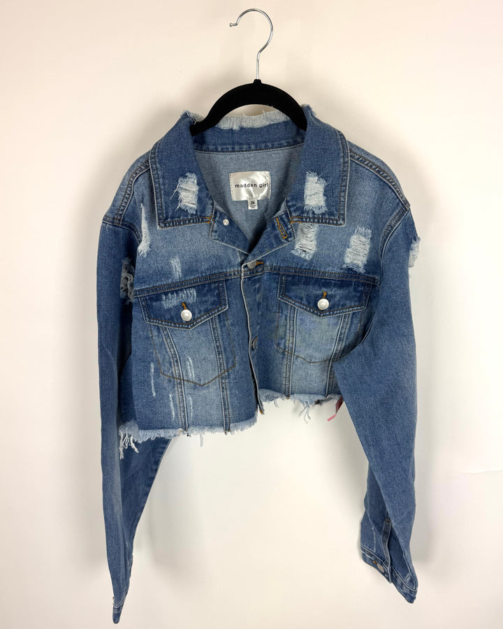 Medium Wash Cropped Distressed Denim Jacket - Size 2X