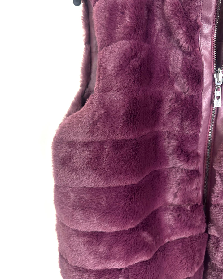 Maroon Reversible Fluffy & Faux Leather Vest - Size 6/8