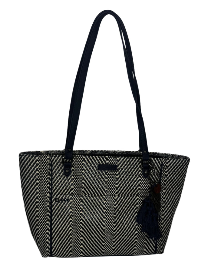 White and Navy Woven Chevron Tote Bag