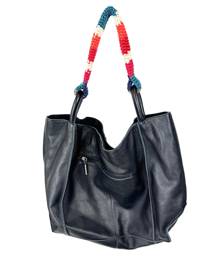 Black Leather Tote Bag With A Multi Color Crochet Strap