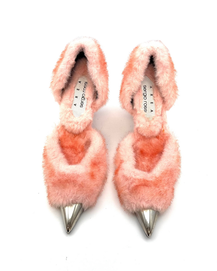 Peach and Silver Faux Fur Heels - Size 39