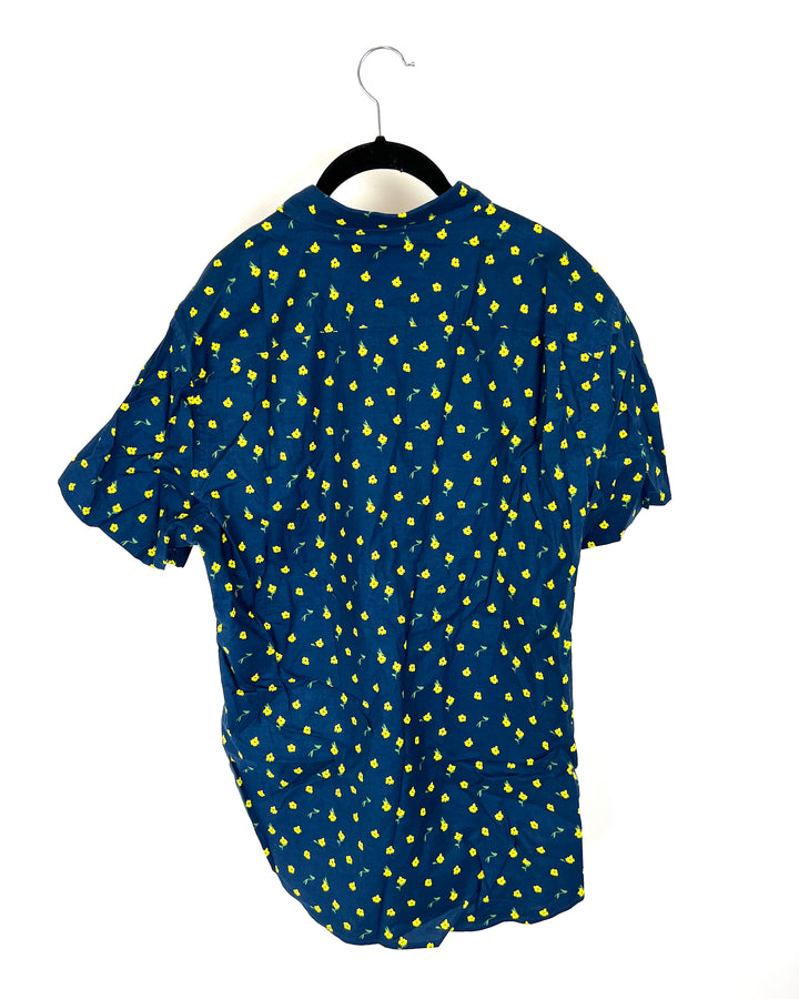 MENS Navy Blue Floral Short Sleeve - Medium