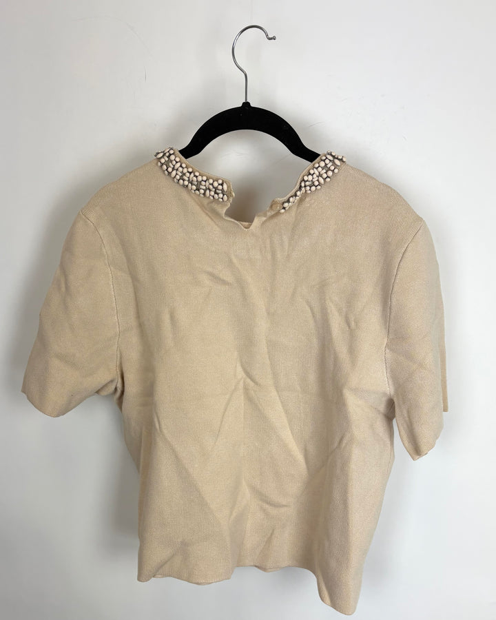 Beige Top With Beaded Neckline - Size 4/6