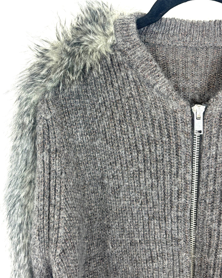 Grey Ribbed Knit Zip Up Sweater - Large
