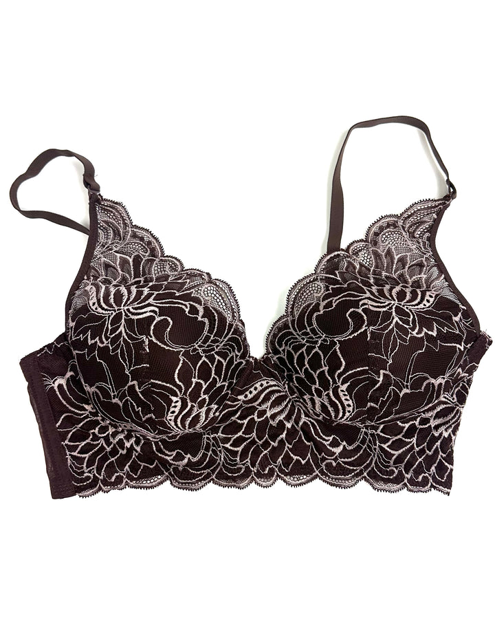 Brown Floral Lace Overlay Bra - 34B