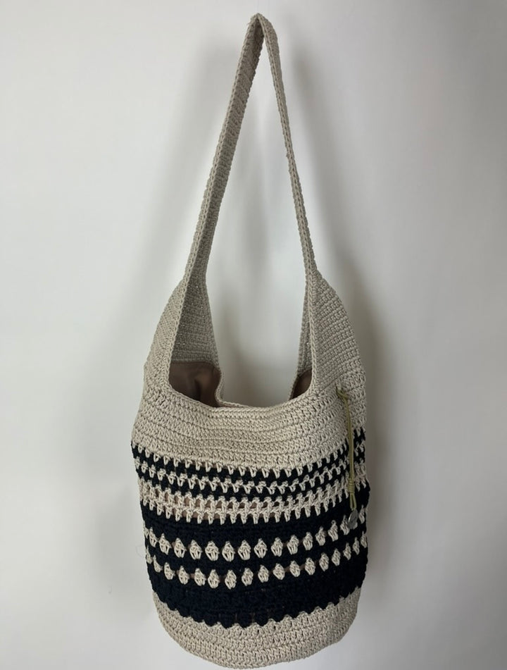 Beige and Black Crochet Bucket Tote Bag