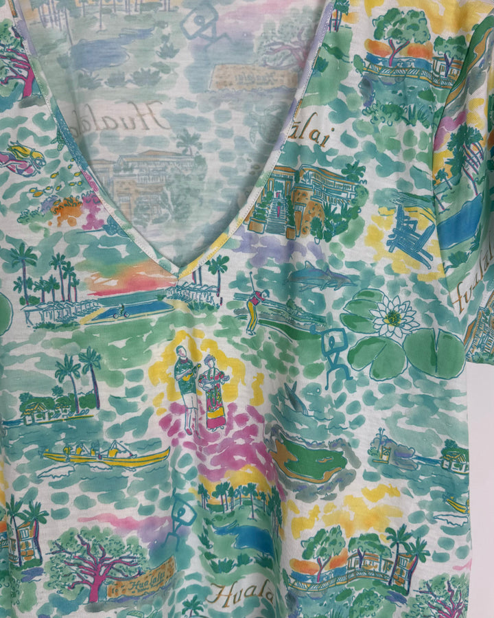 Teal Hawaiian Print T-Shirt - Size 2/4 and 4/6