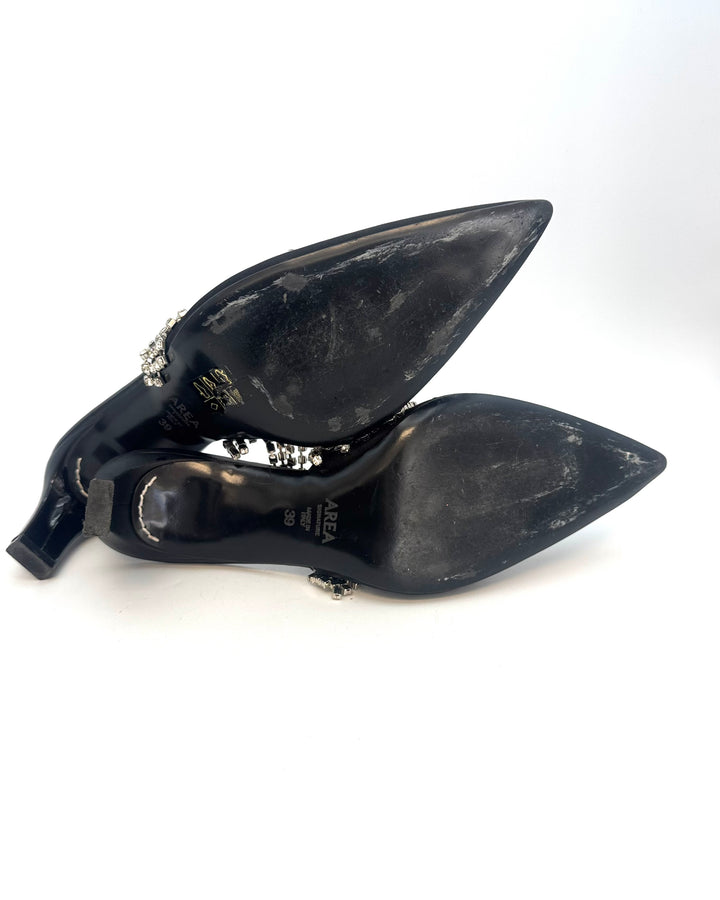 Black Satin Rhinestone Overlay Kitten Heels - Size 39