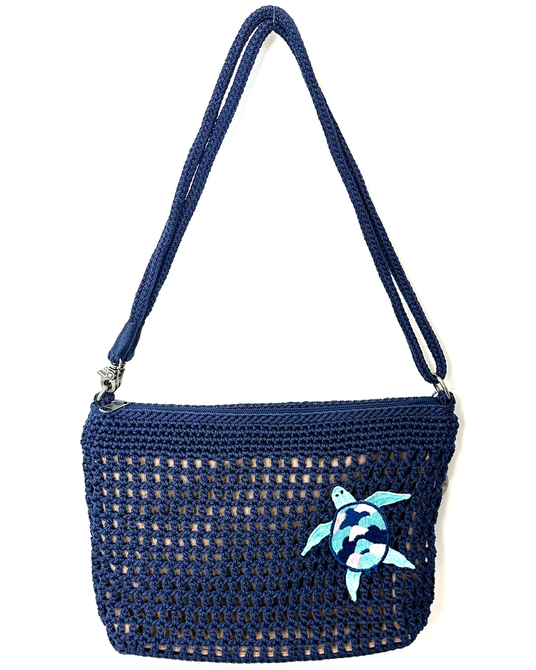 Blue Crochet Turtle Embroidered Shoulder Bag