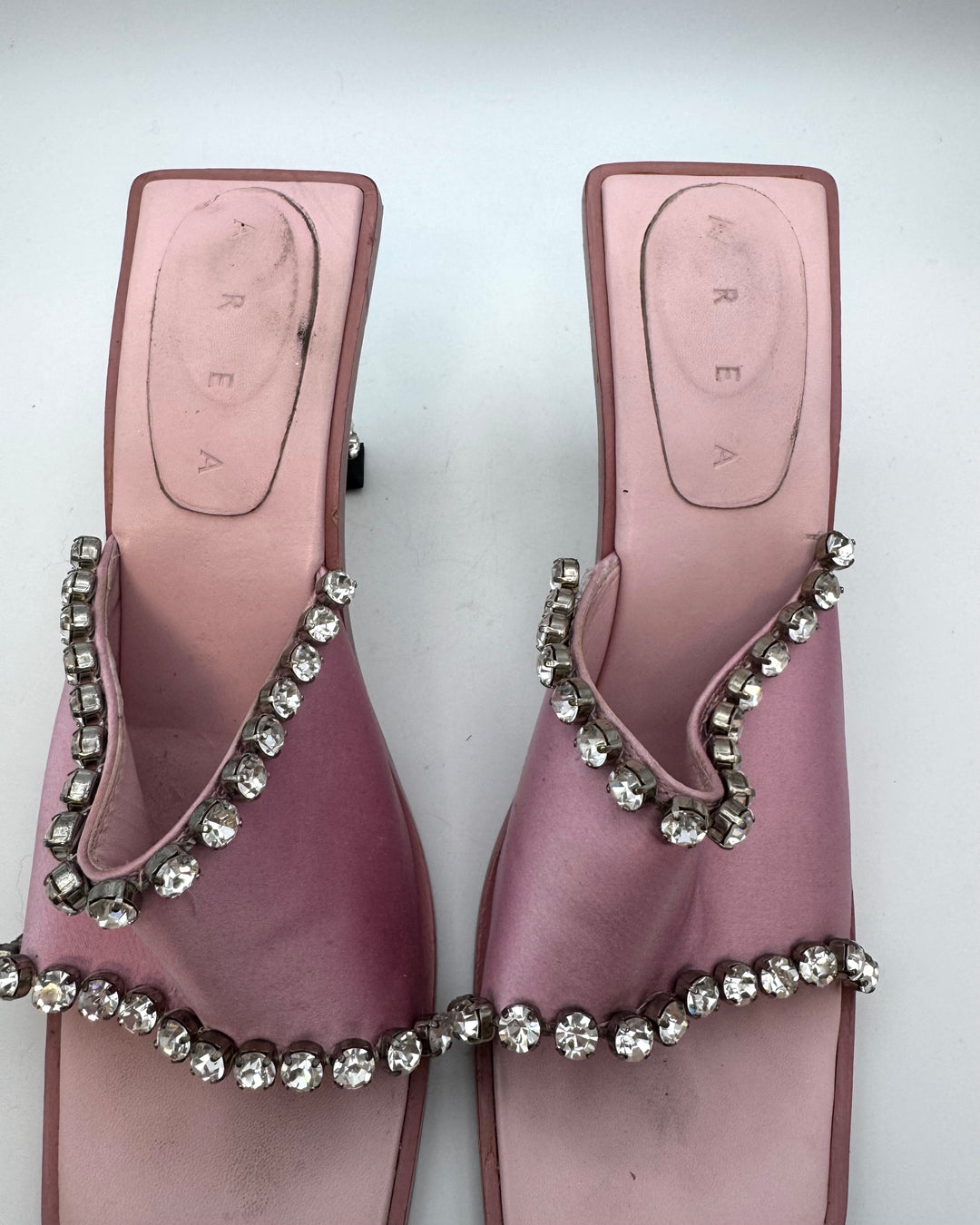 Pink Satin Bold Gem Square Toe Heels - Size 40