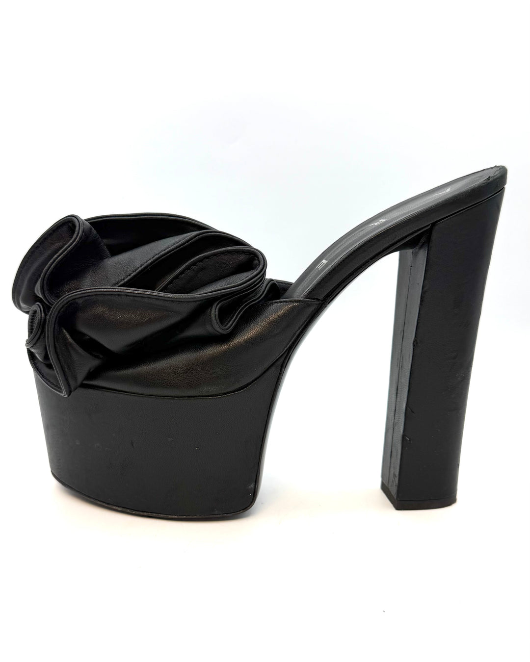 Rich Black Smooth Leather Ruffle Platform Heels - Size 40