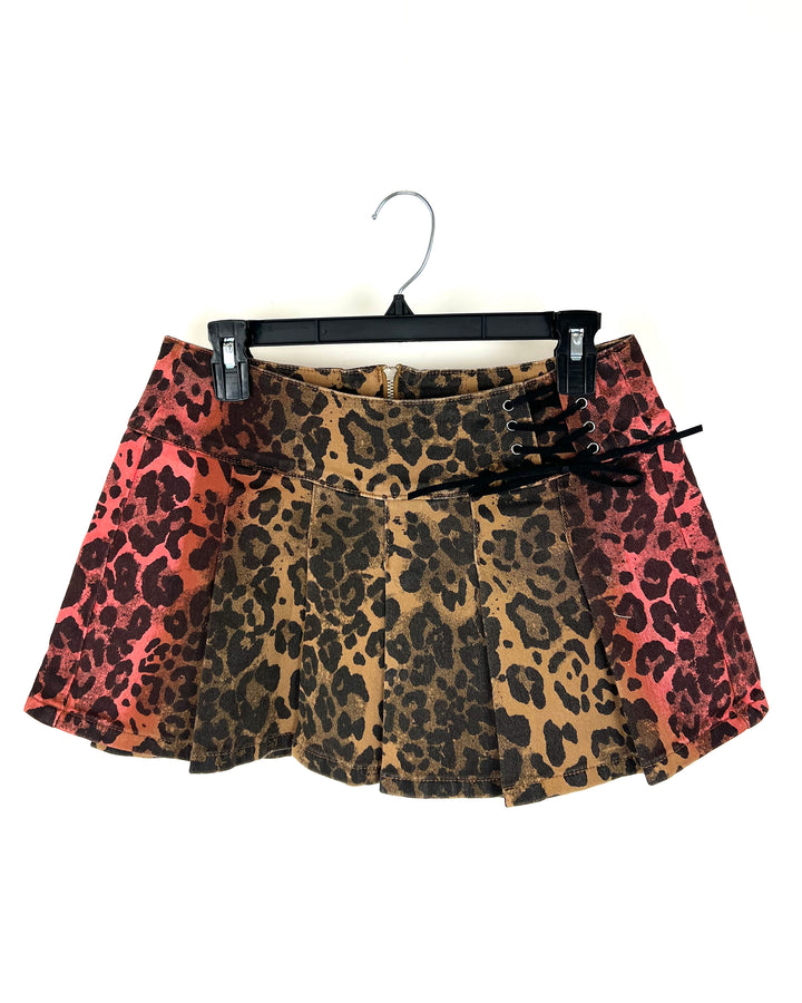 Brown and Pink Cheetah Print Pleated Mini Skirt - Size 4/6 and 6/8