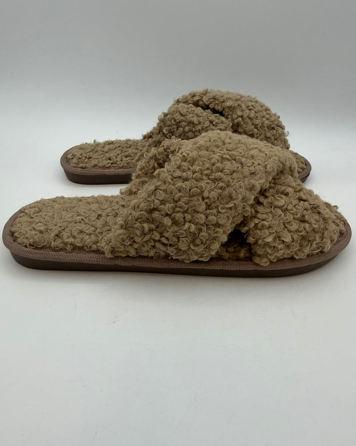 Open Toe Brown Fuzzy Slippers - Size 8/9