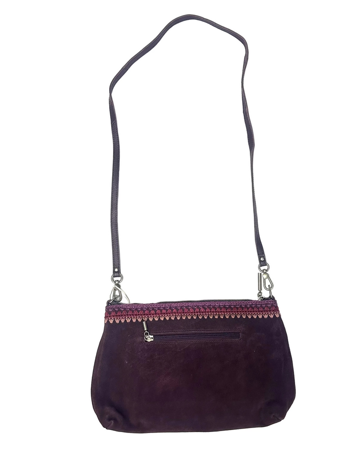 Merlot Purple Crochet Trim Suede Crossbody Bag