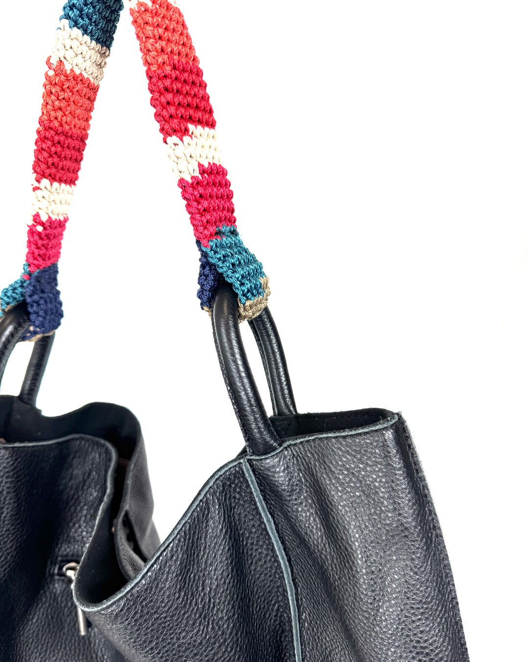 Black Leather Tote Bag With A Multi Color Crochet Strap