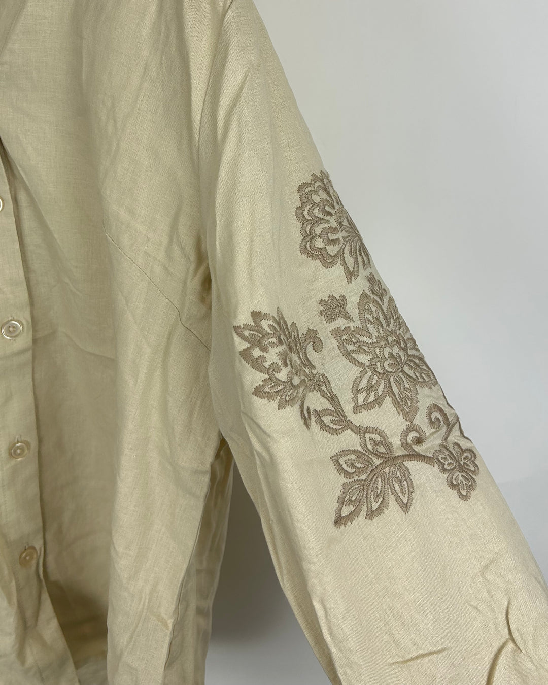 Beige Button-Up Shirt with Embroidered Sleeve- Size 6/8