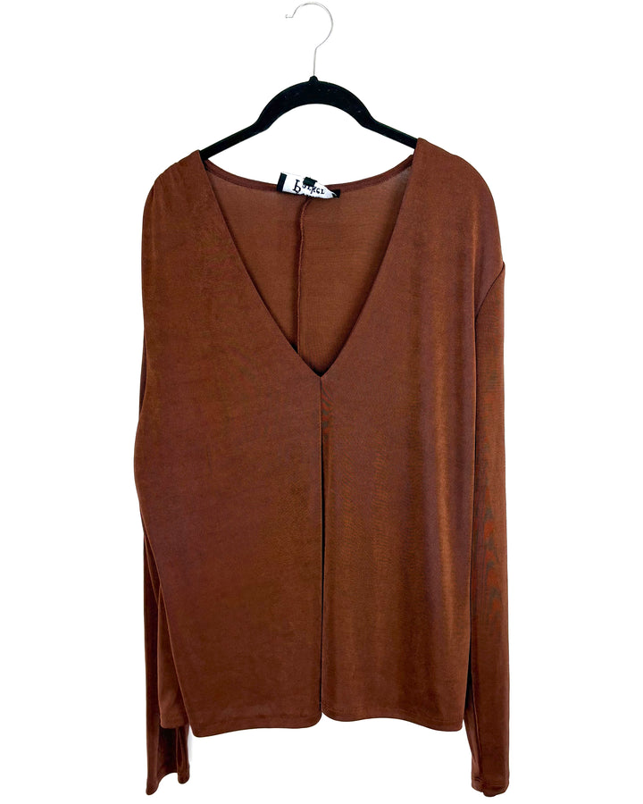 Brown V-Neck Long Sleeve Top - 2X
