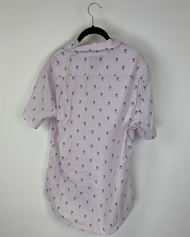 MENS Blue Swordfish Button Up Short Sleeve Shirt - Medium