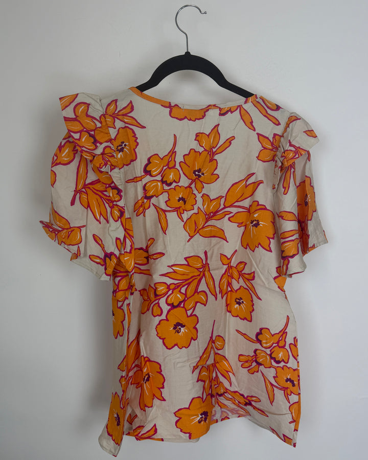 Orange & Pink Floral Short Sleeve Shirt - Size 4/6