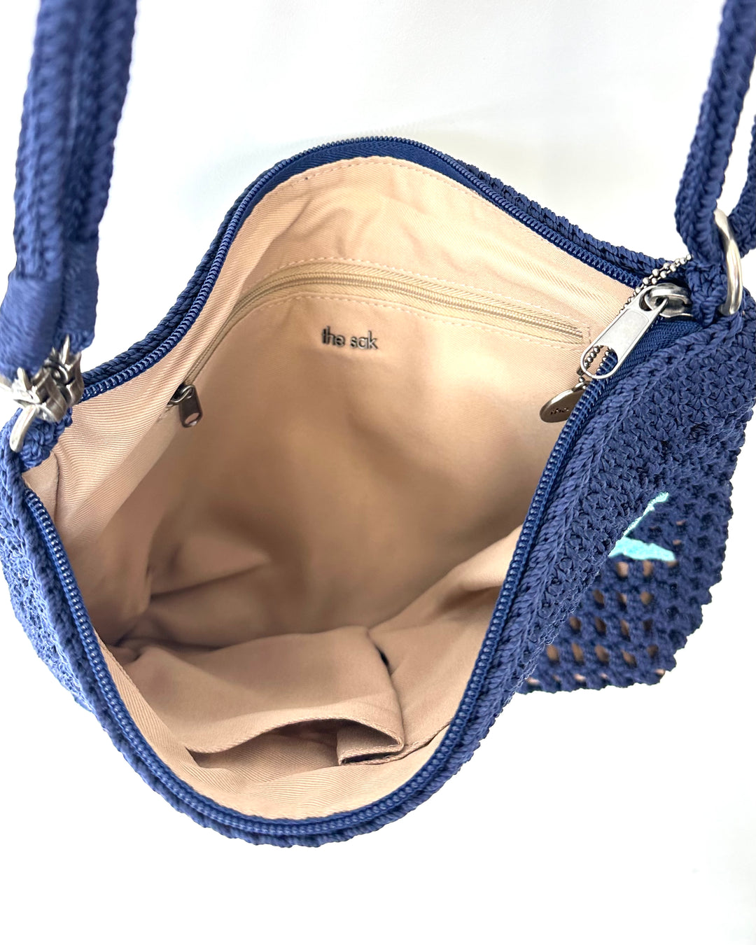 Blue Crochet Turtle Embroidered Shoulder Bag
