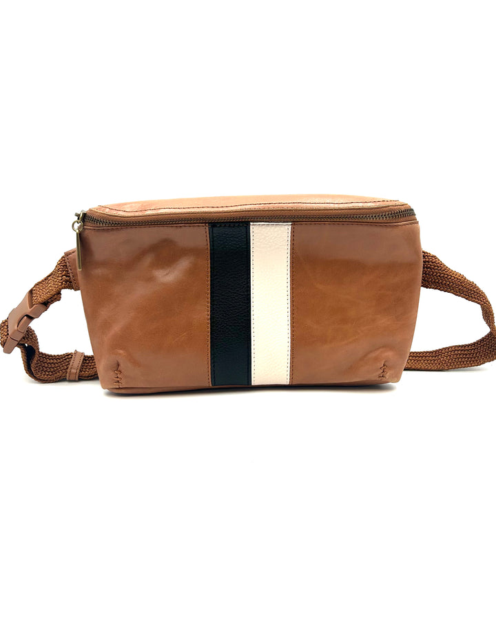 White and Black Striped Leather Brown Belt Bag