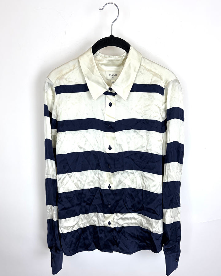 Navy & White Striped Collared Silk Shirt - Size 4/6