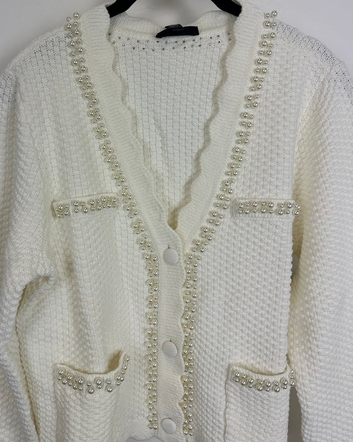 White Knit Faux Pearl Cardigan - Size 2/4 and 4/6