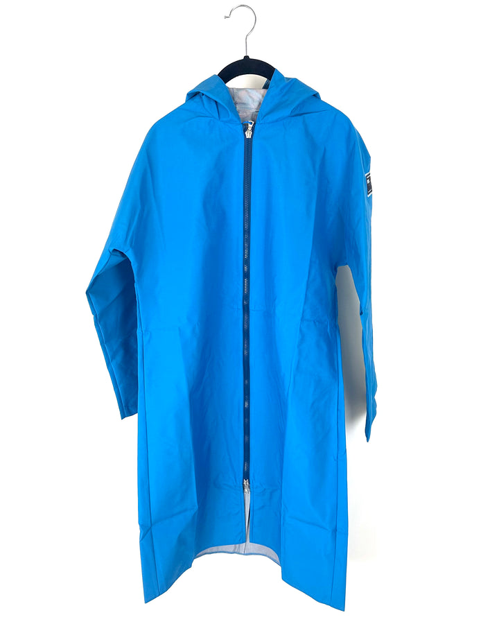 Bright Blue Long Raincoat With Hood - Size 2/4, 6/8,  8/10, and 10/12