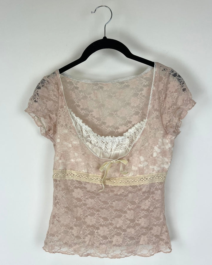 Light Pink Lace Transparent Short Sleeve Shirt - Size 0/2