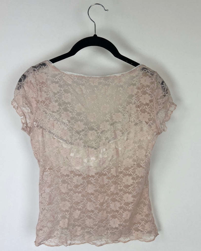 Light Pink Lace Transparent Short Sleeve Shirt - Size 0/2