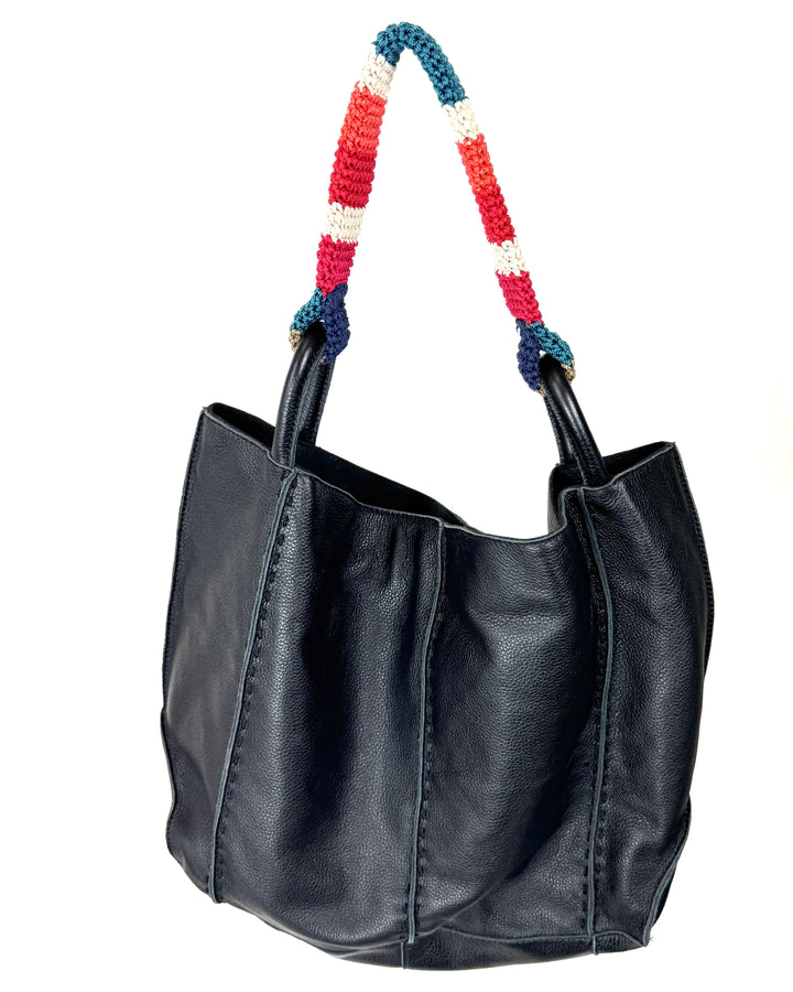 Black Leather Tote Bag With A Multi Color Crochet Strap