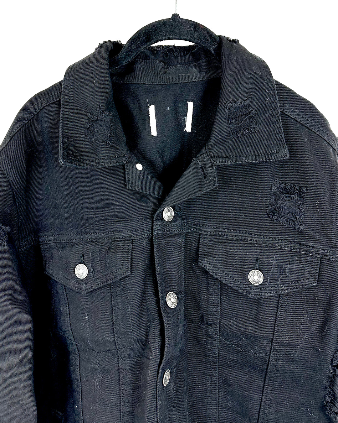 Black Slightly Distressed Denim Jacket - 2X