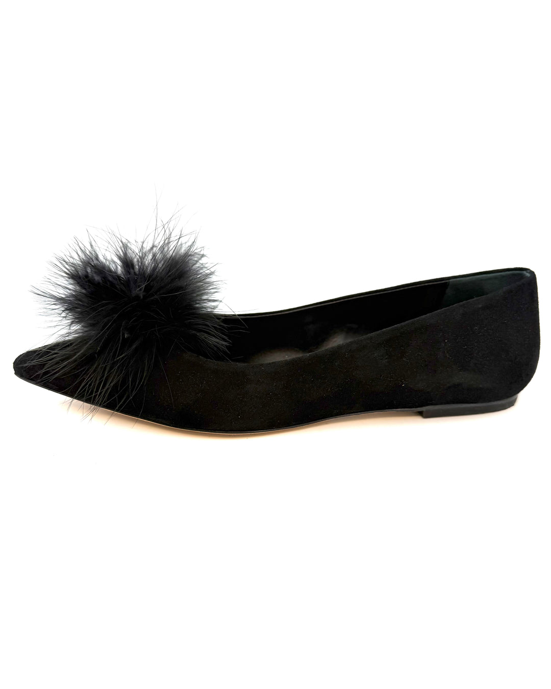 Black Suede Pom Pom Ballet Flat - Size 10