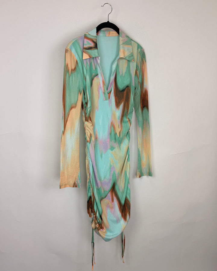 Abstract Teal Fitted Dress - Size 0/2