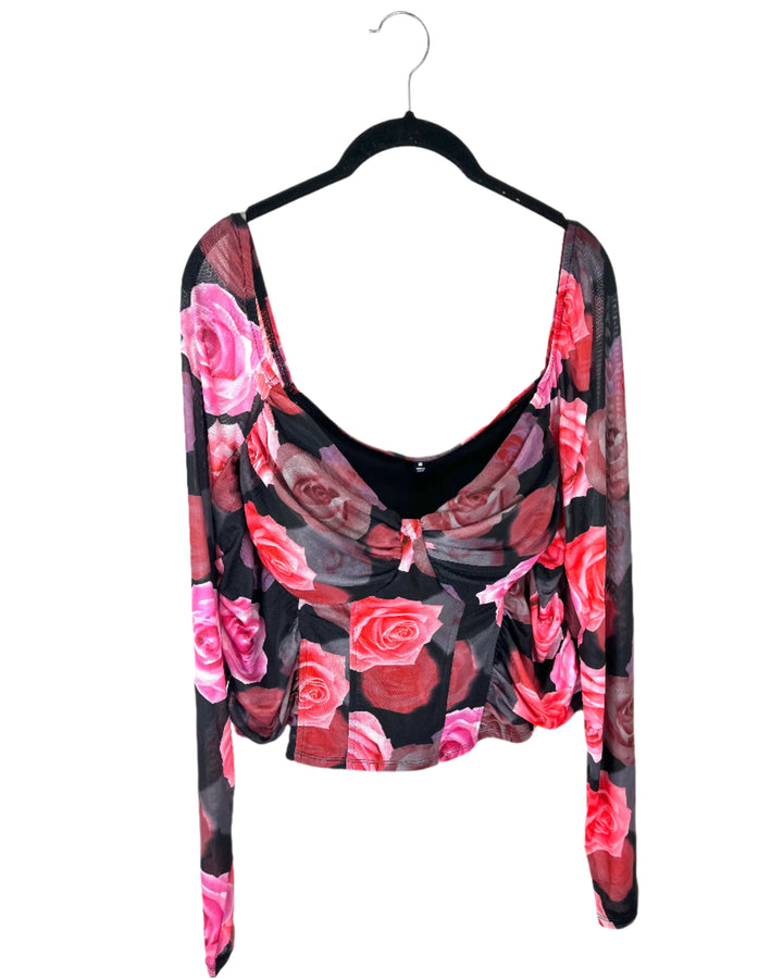 Black Rose Pattern Off Shoulder Top - Medium