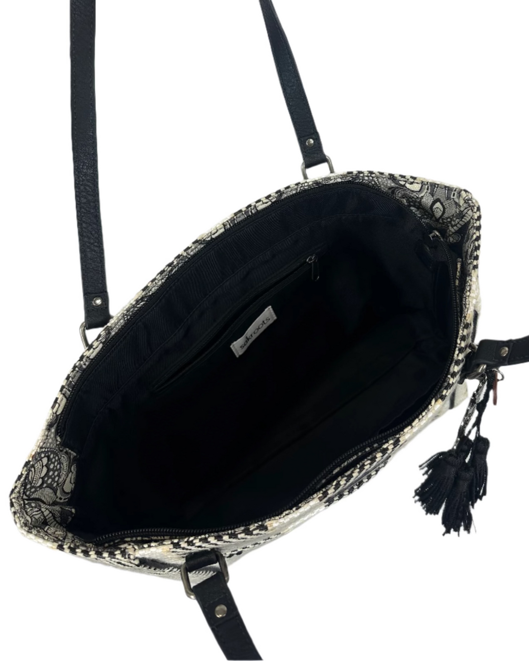 White and Black Striped Chevron Woven Tote