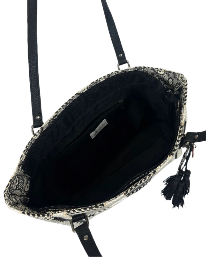 White and Black Striped Chevron Woven Tote