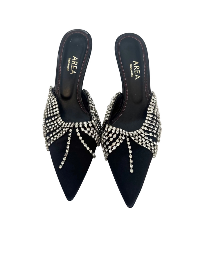 Black Satin Rhinestone Overlay Kitten Heels - Size 39