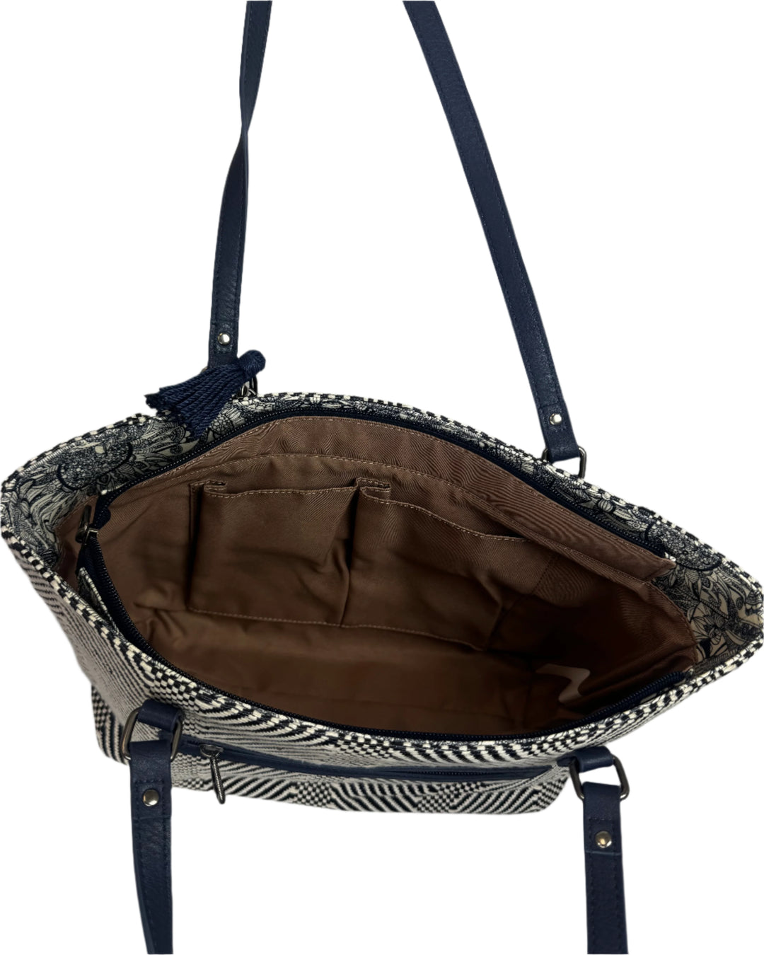 White and Navy Woven Chevron Tote Bag