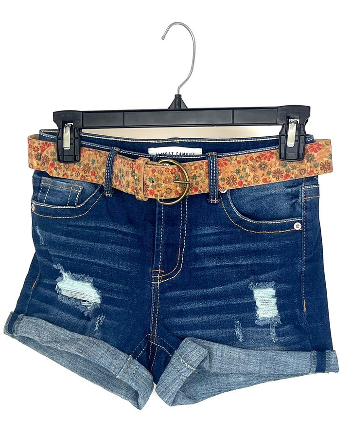 Dark Wash Denim Distressed Shorts with Floral Belt - Size 0/2