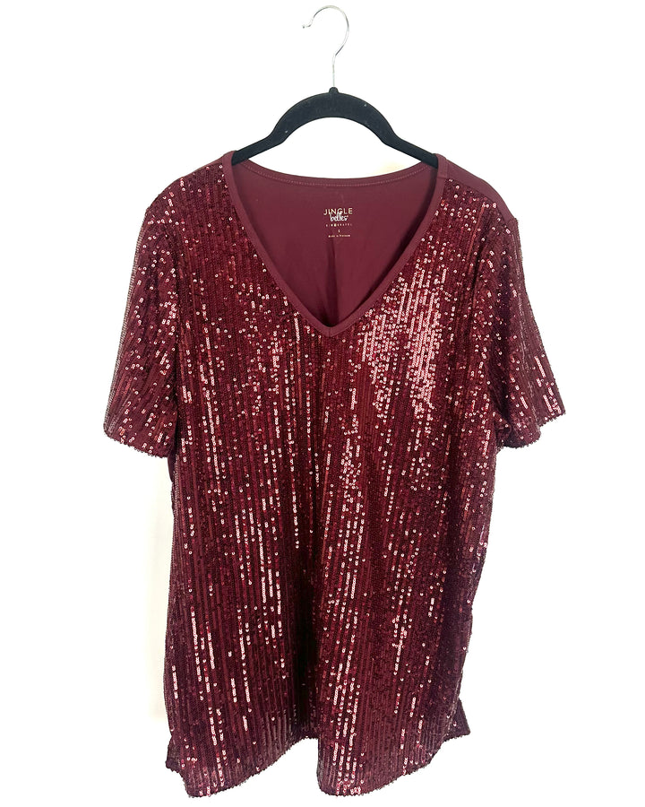 Maroon V-Neck Sequin Shirt - Size 6/8