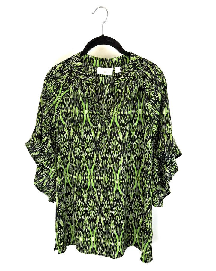 Kelly Green and Black Abstract Pattern Blouse - Size 6/8