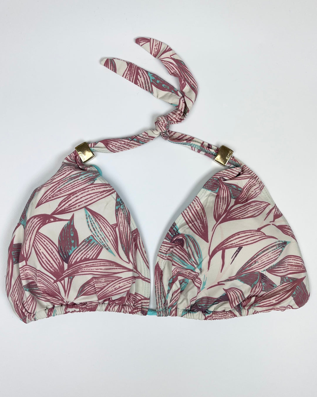 Tan & Light Teal Plant Print String Multi Wear Bikini Top - Small