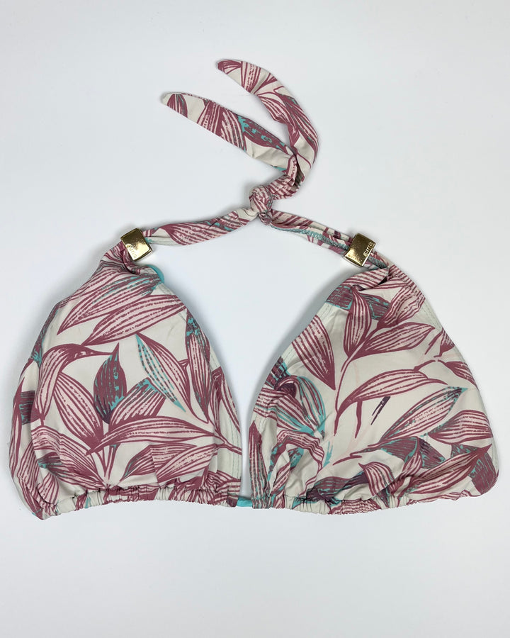 Tan & Light Teal Plant Print String Multi Wear Bikini Top - Small