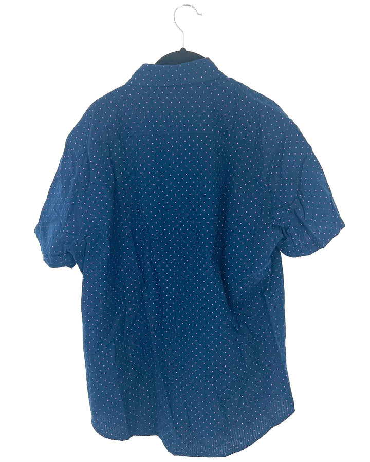 MENS Navy Button Down Shirt With Pink Polka Dots - Medium