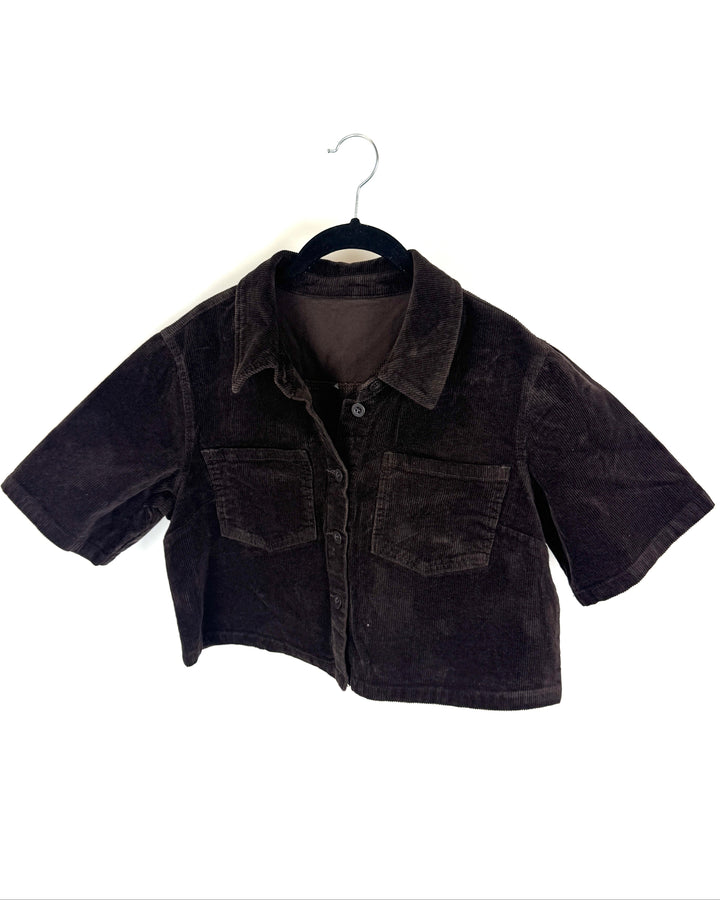 Brown Cropped Corduroy Button Down Top - Medium